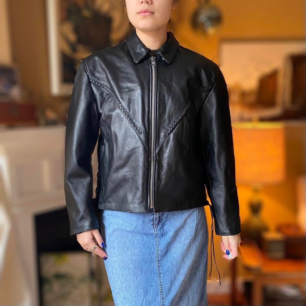 Breathtaking genuine leather oversized vintage jacket with ties up the side